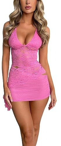 Loalirando Lot de 2 robes sexy en dentelle pour femme avec jupe d'été transparente, dentelle florale, licou cami, tops + mini robes, jupe courte et élégante, rose, M