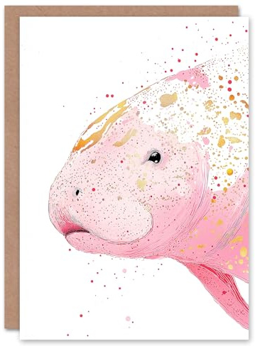 Artery8 Greeting Card Pink Manatee Gold Paint Splatter Animal Portrait For Her Woman Birthday Card