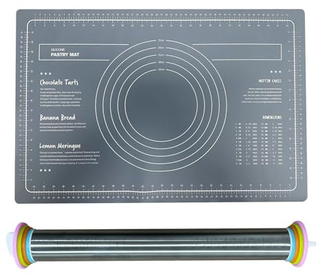 NEXROLA Rouleau a Patisserie en Acier Inoxydable Reglable, Rouleau à Patisserie Avec 4 Anneaux Réglables et Tapis Silicone Patisserie, Rouleaux à Pâtisserie Antiadhésif pour Pâtisserie & Pizza, 43cm