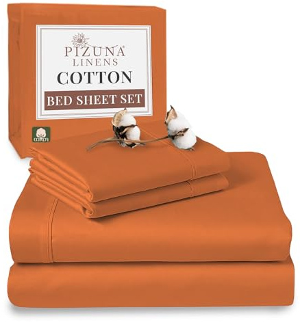 Pizuna 100% Cotton Super King Bed Sheet Set Burnt Orange 400 Thread Count | 400 Thead Count Long Staple Cotton Bedding, 300x280 cm, Soft Sateen 4 Pc King