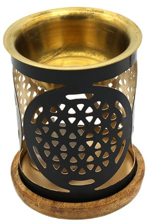 LivuX Aromafume Duftlampe „Blume des Lebens“ – Metall-Duftlampe mit Holzuntersetzer, 8x9 cm – Für ätherische Öle, Yoga und Meditation 1168
