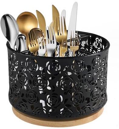 Gzsekken 360° Rotating Metal utensil holder - 4 Compartment Kitchen Cutlery Holder with wooden base Fork Spoon Napkin Caddy Organiser Flatware Rack Party Countertop Buffet Picnic Camping Outdoor
