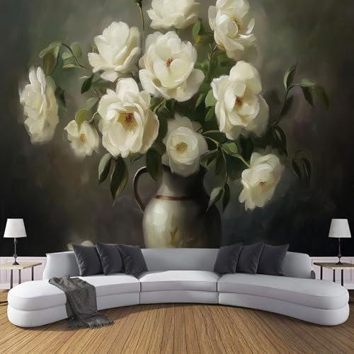 DLERFLOVR Papier Peint - Peinture De Rose Blanche - 300x210cm 3D Poster Geant Mural Photo Sticker Peinture À L'Huile Classique Décoration Murales pour Salon Chambre Canapé Restaurant Tv Fond Mur