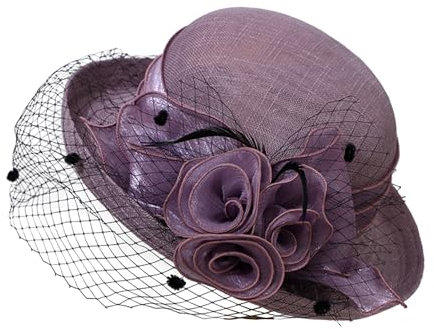 TINAYAUE Chapeau Melon avec Voilette Respirant pour été Femme Chapeau de Paille Derby Bibi de Mariage avec fleuron Organza