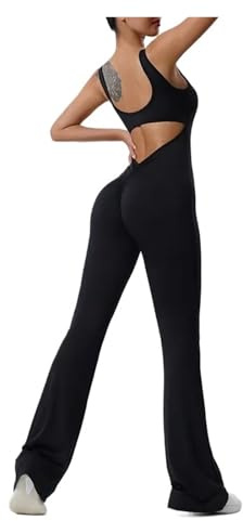 LOVSSU Yoga-Bodysuit Mit RüCkenausschnitt Damen Sport Einteiler Yogaanzug Schlaghose Damen Sport Jumpsuit Fitness Strampler Workout Bodysuits for Sports(Black,S)