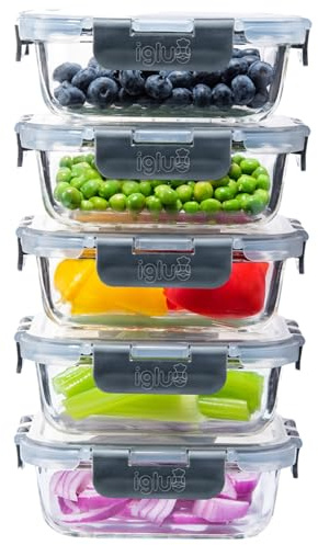 Igluu Meal Prep Contenitori in vetro con coperchio ermetico, confezione da 5 pezzi, rettangolari, 370 ml, senza BPA, riutilizzabili, in vetro borosilicato, adatti al forno