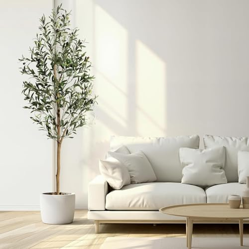 HAUSPROFI 6FT Artificial Olive Tree, 180cm Tall Faux Olive Plants, Artificial Fake Plants with Lifelike Leaves, Natural Wood Trunk, Fruits, Suitable for Home Living Room Corner Office Decor (180CM)
