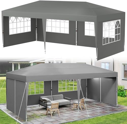 Suusolny Pavillon Höhenverstellbar 3x6m Pop-Up Faltpavillon Wasserdicht Partyzelt Gartenzelt mit Tragetasche Stabil Festzelt Gartenpavillon Für den Außeneinsatz Geeignet - mit Seitenwände - Grau