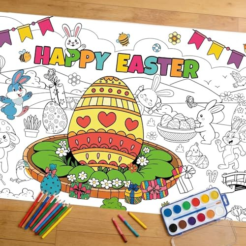 AhfuLife Papiertischdecke zum Ausmalen Ostern, 180 x 80cm Ostern Basteln Ausmaltischdecke Bastelposter Ostergeschenke Kinder Deko Osterparty Mal Mich Bunt (Stil A)