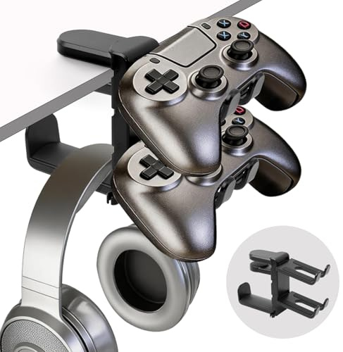 AgagaQx Headset und Controller Halterung Schreibtisch, Headset Halterung Tisch 360° Drehbar, Kopfhörer Halterung Verstellbare, Kopfhörerständer Untertisch, Universal Headphone Stand, Gaming Zubehör