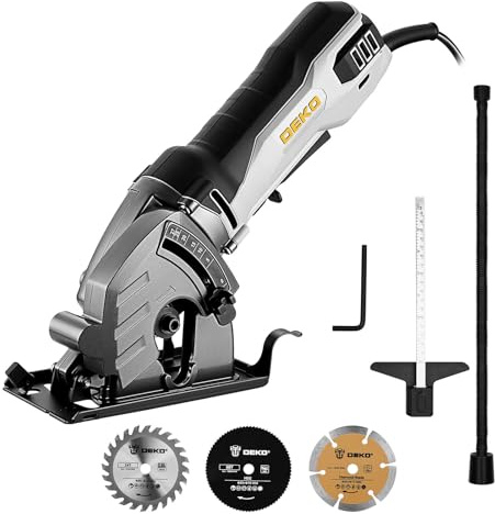 DEKOPRO 600W Mini Sega Circolare per Legno: Sega Circolare a mano 5500RPM, lame da 85mm, profondità regolabile fino a 27mm - Mini sega per legno, metallo, piastrelle, plastica