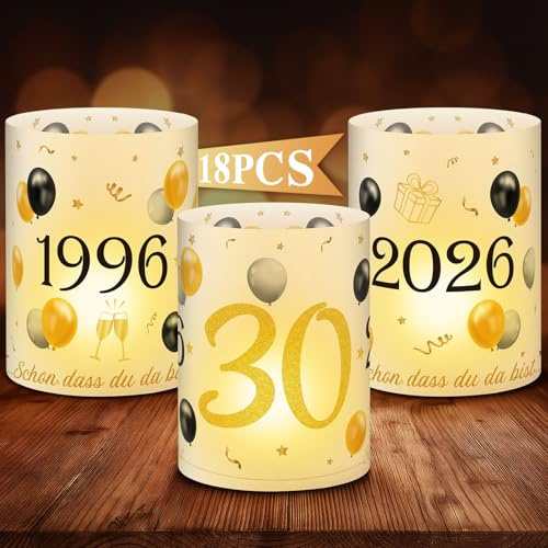 Anruzon 18Pcs Windlichter Tischdeko 30. Geburtstag - Deko 30. Geburtstag Männer und Frauen - Schwarz Gold Happy Birthday Tischdeko für Teelichter oder Kerzen