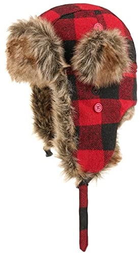 Lipodo Schottenkaro Fliegermütze - Wintermütze mit Ohrenschützern - Pilotenmütze mit Kunstfellbesatz - Ohrenmütze Herren/Damen - Uschanka-Mütze Winter rot-schwarz L (58-59 cm)