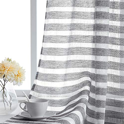 Fragrantex Gardinen mit weißen und grauen Streifen, 160 cm lang, für Schlafzimmer Wohnzimmer, Leinenstruktur, horizontale Voile-Vorhänge, Ösenvorhang, 101,6 breit x 2 Bahnen