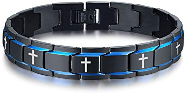 PJ JEWELLERY Bracelet à maillons en acier inoxydable 2 tons noir et bleu avec symbole de la croyance religieuse pour homme, garçon, frère, mason, cadeau pour homme, 8.2 inches, Métal