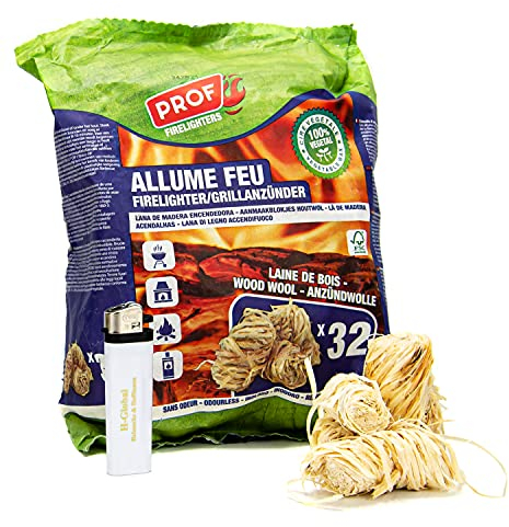 Helmecke & Hoffmann Ökologischer Grillanzünder (32 STK.) inkl. Feuerzeug | 100% pflanzliche Holzwolle | Anzündhilfe für Kamin, Grill, Ofen, Lagerfeuer u.v.m.