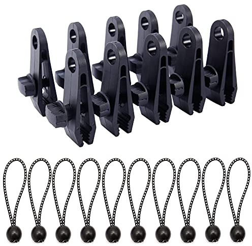 MissFox 20Pcs Pince pour Bâche Clip de Tente Réutilisable en Plastique 10 Clip de Bâche & 10 Tendeur Elastique avec Boule Pince pour Tentes, Auvents, Bateau, Piscine, Camping en Plein Air