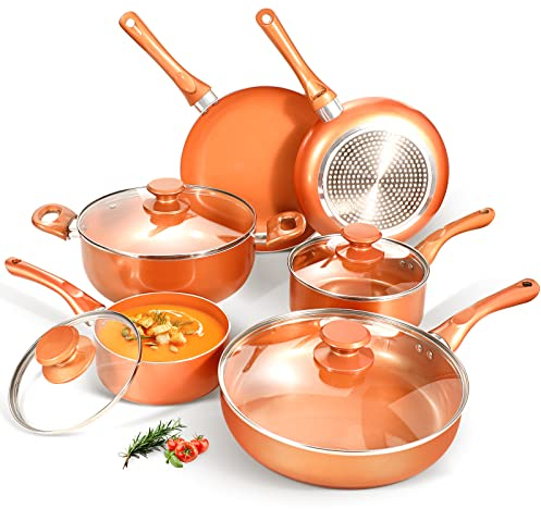Optimierung Topf- und Pfannenset, 10-teiliges Kochgeschirr-Set, Keramikbeschichtung, gesunde Keramik-Antihaftbeschichtung, Sautépfanne, Stieltopf mit Deckel, Bratpfanne, Kochgeschirr, Kupfer
