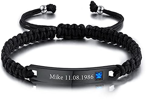 INBLUE Maßgeschneiderte Geflochtene Seilarmbänder mit Gravierter Edelstahlplatte Geburtssteine Handgefertigte Verstellbare Armbänder Geschenke für Frauen Männer Paare Freundschaft Familien