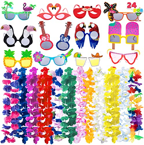 JOYIN 12 Stück Luau-Partybrille und 12 Stück Hawaii-Leinen, Blumen-Leinen-Girlanden, neuartige Sonnenbrillen, tropische Geburtstags-Sommer-Strandparty-Dekorationszubehör