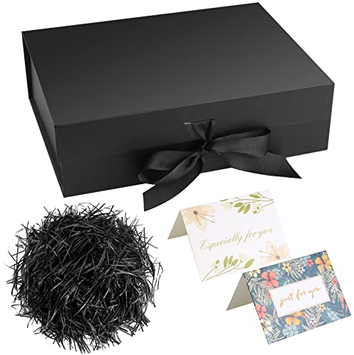Christmas Black Gift Box with Ribbon, Magnetic Present Boxes with Lids, Gift Packaging Decorative Box, Presentation Box for Gifts, with Shredded Paper, Cards
