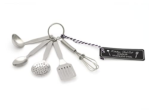 LEADUP Mini Stainless Steel Mini Kitchen Tool Set with Keychain(3.5),Set of 5,Includes Whisk, Spatula, Spoon, Skimmer,Soup ladle