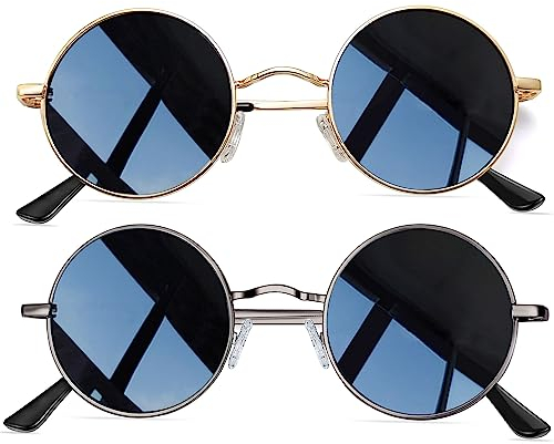 Joopin Retro Runde Sonnenbrille Herren Zwei Paar und Polarisierte Sonnenbrille Rund Schwarz Vintage 2 Pack (Grau Schwarz und Gold Schwarz)