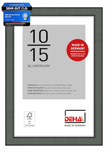 DEHA Design Bilderrahmen, 10 x 15 cm, Aluminium, Grau matt, Fotorahmen zum Auftstellen im Hoch- & Querformat, bruchsicheres Kunstglas, Boston