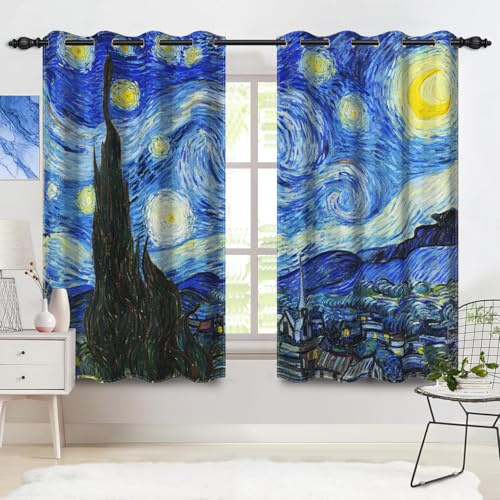 Uiiooazy Van Gogh Verdunkelungsvorhang für Schlafzimmer, Wohnzimmer, Vorhänge mit Sternennacht, Motiv: blauer Himmel, Berghaus, Fenstervorhänge, 134,6 x 198,1 cm, 2 Paneele