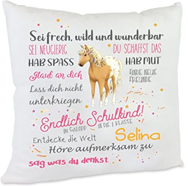 personalisiertes Kissen Geschenk zur Einschulung mit Namen des Erstklässlers Einschulungsgeschenk für Mädchen und Jungen (Pferd beige)
