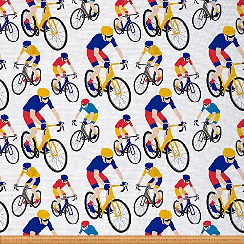 Loussiesd Fahrradstoff Meterware Karikatur City Race Radfahrer Thema Polsterstoff für Stühle und Heimwerkerprojekte Klassischer bunter dekorativer wasserdichter Stoff 920x150cm