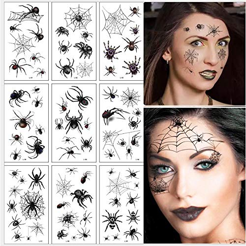 EROSPA® 10 verschiedene Halloween Tattoo-Bögen temporär/Sticker - Spinne/Spider/Spinnennetze - Wasserfest