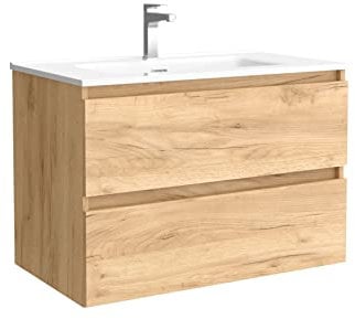 Salgar Mueble de baño Bequia 80 cm con Lavabo 100% montado de fábrica | Acabado Roble suspendido 2 cajones Cierre amortiguado Apertura con uñero | Lavabo Porcelana Blanca | Marca