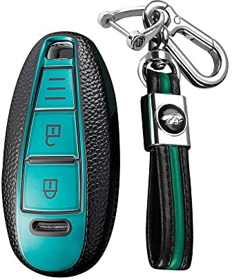 KUNIO Samrt Coque de clé de Voiture Compatible avec Suzuki Vitara Swift Ignis Kizashi SX4 Baleno Ertiga Samurai S-Cross Accessoires TPU Texture Cuir Porte-clés boîte à clés Vert