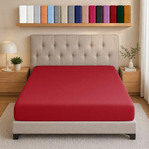 AMEHA Super King Bed Sheet Deep Pocket Up to 25 cm Red Fitted Sheet Soft Brushed Microfiber Elasticated Corners Bottom Sheet Easy Care - Anti Wrinkle & Fade Resistant