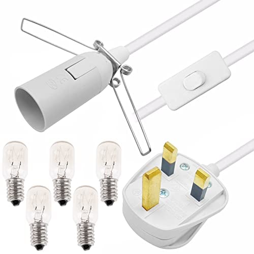 Salt Lamp Cord 1.8m with ON/OFF Switch Metal Clip and 5 Free E14 Bulbs, White Salt Lamp Power Cable Original Replacement Light Fitting Spare, for Himalayan Crystal Salt Rock Lamp - 250V 3-Pin UK Plug