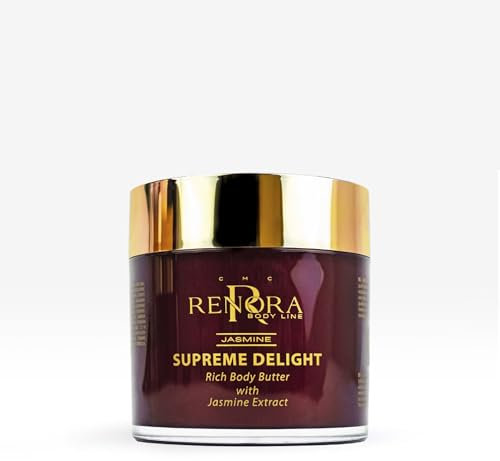 RENORA Natural Body Butter for Women with Almond Oil, Hyaluronic Acid & Vitamins - 200ml Whipped Shea Butter Body Moisturiser for Dry Skin, Long-Lasting Hydration & Deep Nourishment - Jasmine Scented