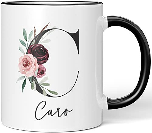 JUNIWORDS Tasse, Caro, Name Anfangsbuchstabe Initial Alphabet Floral Buchstabe C Monogramm Motiv, Schwarz (5561049)