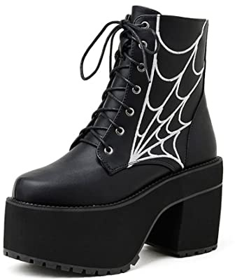 Ulalaza Thick-soled Mid-tube Boots Women's Thick-soled Boots Punk Short Boots Thick-heeled Height heel10CM/4INCH Motorcycle Chain Knight Boots