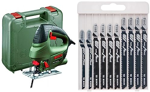 Bosch Home and Garden Stichsäge, grün, 0.603.3A0.500 600 wattsW, 240 voltsV, 530 W, 75 mm profundidad de corte + 10tlg. Stichsägeblatt Set Basic for Wood (für Holz, Zubehör Stichsäge) Schwarz