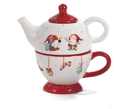 PABEN Juego de tetera y taza de Navidad con gnomos de 16,6 cm de cerámica
