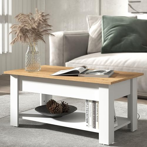 Galano Brixburn Lift Up Coffee Table with Hidden Storage & Shelf, Modern 2-Tier Space Saving Living Room Centre Table, Engineered Wood, White Oak Finish, 89.5 x 49.5 x 40 cm