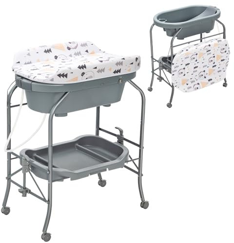 RELAX4LIFE 4 en 1 Cambiador/Bañera Bebe Plegable con 4 Ruedas Universales Bloqueables y 1 Estante, Cambiador Bebe Portátil con Cojín Impermeable, Bañera para Bebé 0-12 Meses, Carga 35kg (Gris Oscuro)
