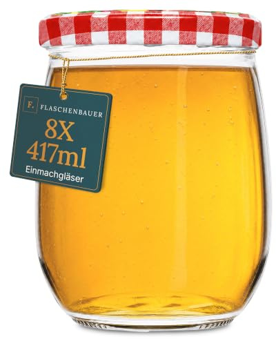 Flaschenbauer - 8x Einmachgläser 417ml - Konservengläser mit TO82 Twist-Off Deckel, inkl. Etiketten - Marmeladengläser, mit Schraubdeckel, Schraubgläser, Joghurtgläser (Rot/Weiß) - Made in Germany