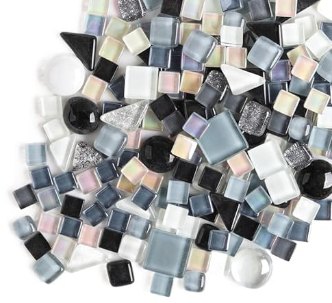 200g Kristall-Mosaik-Glasfliesen, Irregulär Bunte Kleine Mosaiksteine Glasstücke zum Basteln, Haus Deko(Schwarz und Weiß)