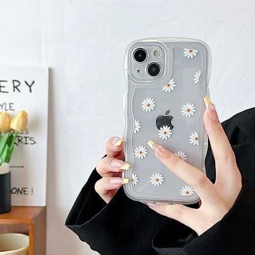 ZTOFERA Case for iPhone 14, Cute Curly Wave Frame Daisy Pattern Transparent Liquid Silicone Case, Flexible Shockproof Protective Bumper Cover for iPhone 14 6.1 - Clear