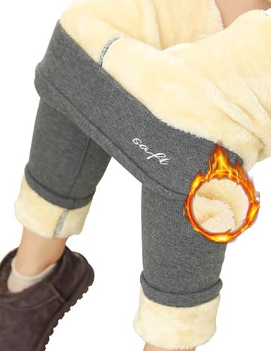 PASUDA Thermo Leggings Damen Winter Fleece Gefütterte Thermoleggins Lang High Waist Warme Winterleggins Lammsamt Jogginghose Thermohosen mit Verdickte Plüsch (Mittelgrau, M)