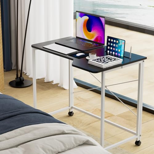 PIPIPOXER Klapptisch Schreibtisch Computertisch Laptoptisch,Faltbar Computertisch mit einen Einschnitt und drehbarer Rollen für Schlafzimmer,Büro,Sofa,Homeoffice,Arbeitszimmer Schwarz 90x56x75cm