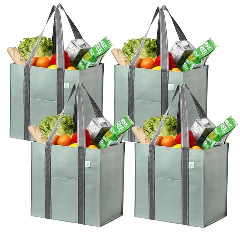 VENO 4 Pack Reusable Grocery Bags, Heavy-Duty Shopping Bags with Handles, Bags for Shopping Cart with Hard Bottom to Stand Upright, Foldable, Multi-Purpose(Light Green, 4 Pack)