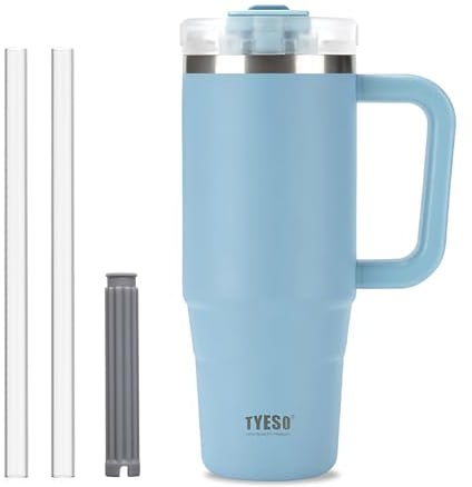 Klaraber Coffee Cup Travel Mug with Handle, 30oz Tumbler with Lockable Lid, Stainless Steel Vacuum Insulated Water Bottle with Straw, Leakproof & Portable Travel Cup for Hot and Cold Drinks (Blue)